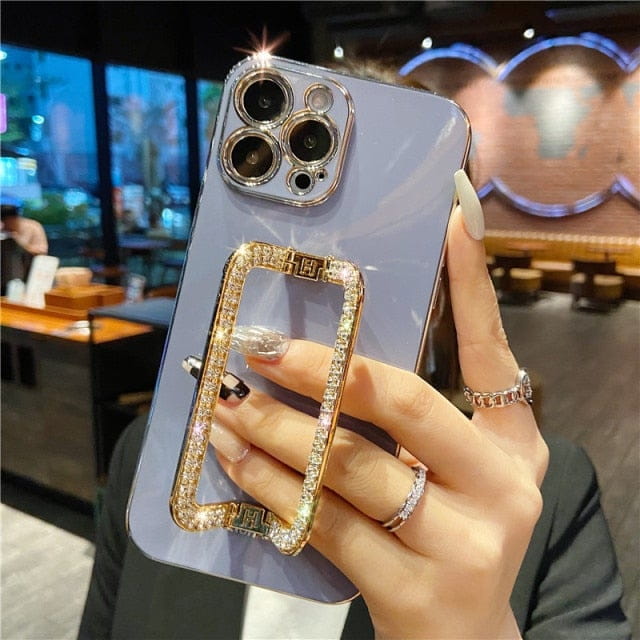 Korea 3D Crystal Square Holder Gold Plating Phone Case For iphone 12 Pro Max MiNi 11 13 Pro X XS XR 6 S 7 8 Plus 12Pro SE Cover freeshipping - Best iPhone Cases Accessories
