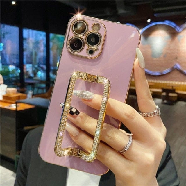 Korea 3D Crystal Square Holder Gold Plating Phone Case For iphone 12 Pro Max MiNi 11 13 Pro X XS XR 6 S 7 8 Plus 12Pro SE Cover freeshipping - Best iPhone Cases Accessories