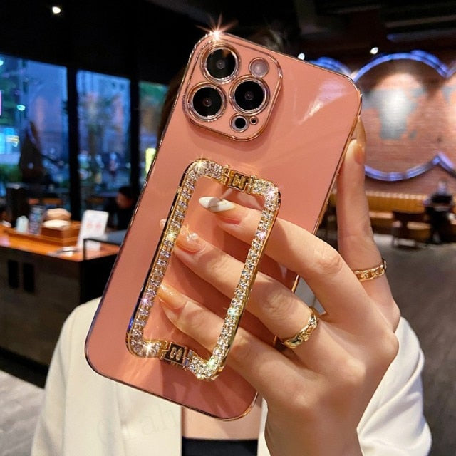 Korea 3D Crystal Square Holder Gold Plating Phone Case For iphone 12 Pro Max MiNi 11 13 Pro X XS XR 6 S 7 8 Plus 12Pro SE Cover freeshipping - Best iPhone Cases Accessories