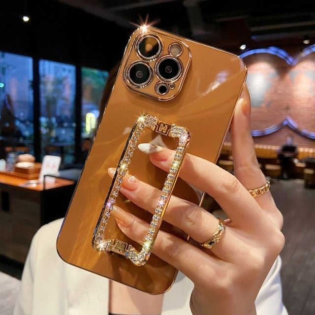 Korea 3D Crystal Square Holder Gold Plating Phone Case For iphone 12 Pro Max MiNi 11 13 Pro X XS XR 6 S 7 8 Plus 12Pro SE Cover freeshipping - Best iPhone Cases Accessories