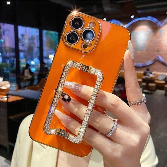 Korea 3D Crystal Square Holder Gold Plating Phone Case For iphone 12 Pro Max MiNi 11 13 Pro X XS XR 6 S 7 8 Plus 12Pro SE Cover freeshipping - Best iPhone Cases Accessories